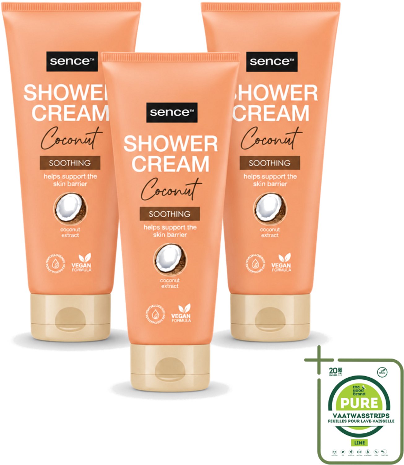 3 x Sence - Coconut - Douchecrème - Verzorgend - 200 ml - Grootverpakking - Vaatwasstrips - Douchecrème Kokos - Kokos Geur - Huid Verzorging - Droge Huid - Gevoelige Huid