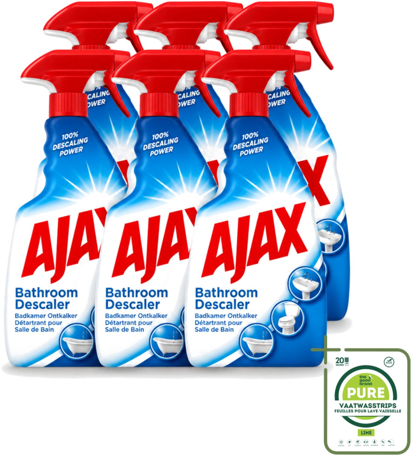 6 x Ajax - Badkamer Ontkalker Spray - Verwijdert Hardnekkig Kalk - 750 ml - Grootverpakking - Vaatwasstrips - Badkamer Ontkalker - Ontkalker Spray - Hardnekkig Vet Verwijderen - Kalkaanslag Voorkomen - Badkamer Reinigen