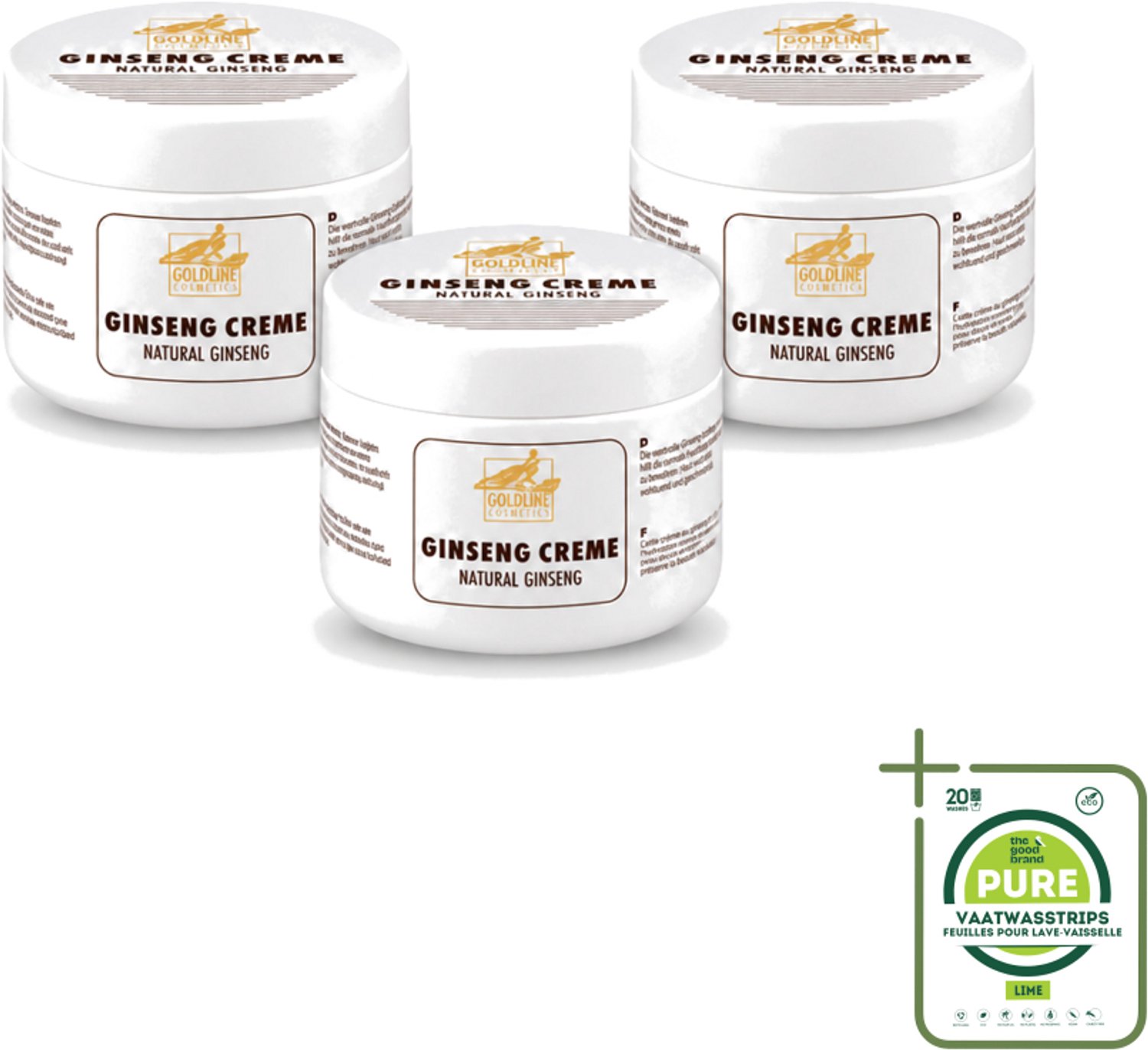 3 x Goldline - Bodycrème - Natural Ginseng - Verzorgend & Versterkend - 250 ml - Grootverpakking - Vaatwasstrips - Ginseng Crème - Huid Verzorging - Huid Versterken - Natuurlijke Crème - Hydratatie