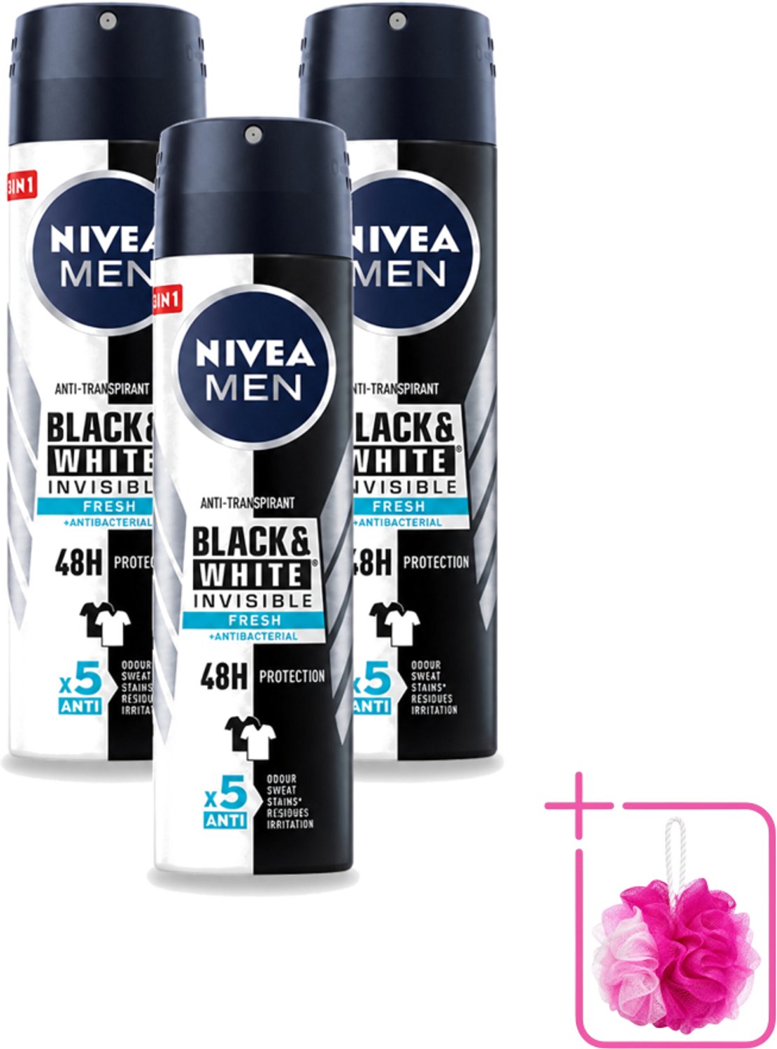 3 x Nivea - Men - Deodorant - Spray - Black & White Invisible Fresh - 150 ml - Bulkverpakking - Anti-transpirant - Zweetvermindering