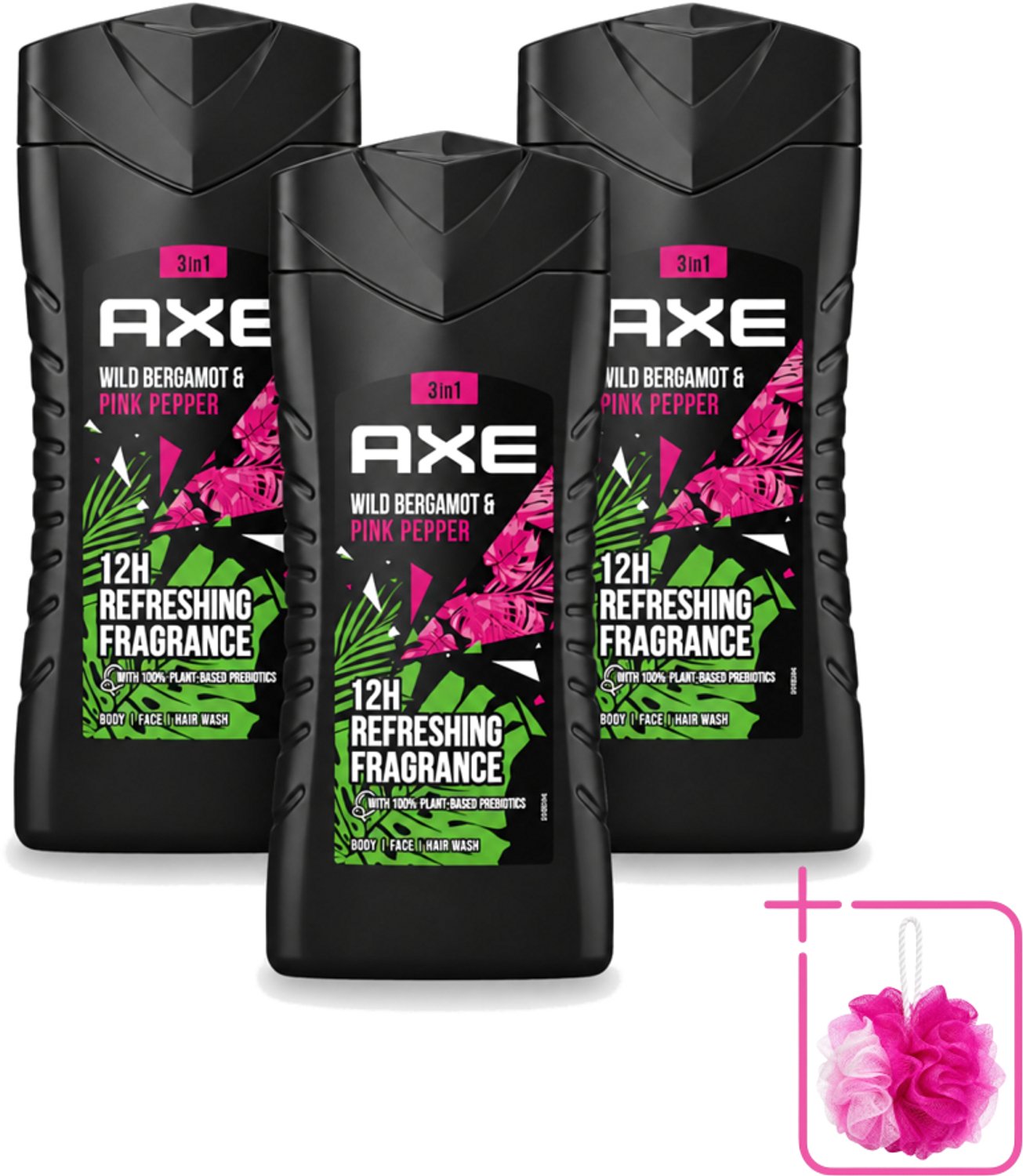 3 x Axe - 3-in-1 Douchegel - Wild Bergamot & Pink Pepper - 100% Plantaardig - 250 ml - Bulkverpakking - Douchegel - Douchemop - Geur