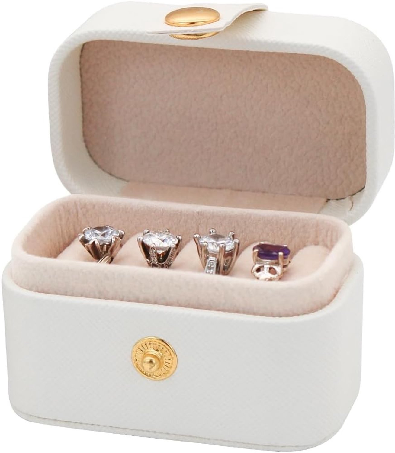 Kleine Ringdoos met 6 Ring Slots, PU Leer Ringopberging, Draagbare Sieradenhouder voor Oorbellen en Ringen (Wit)