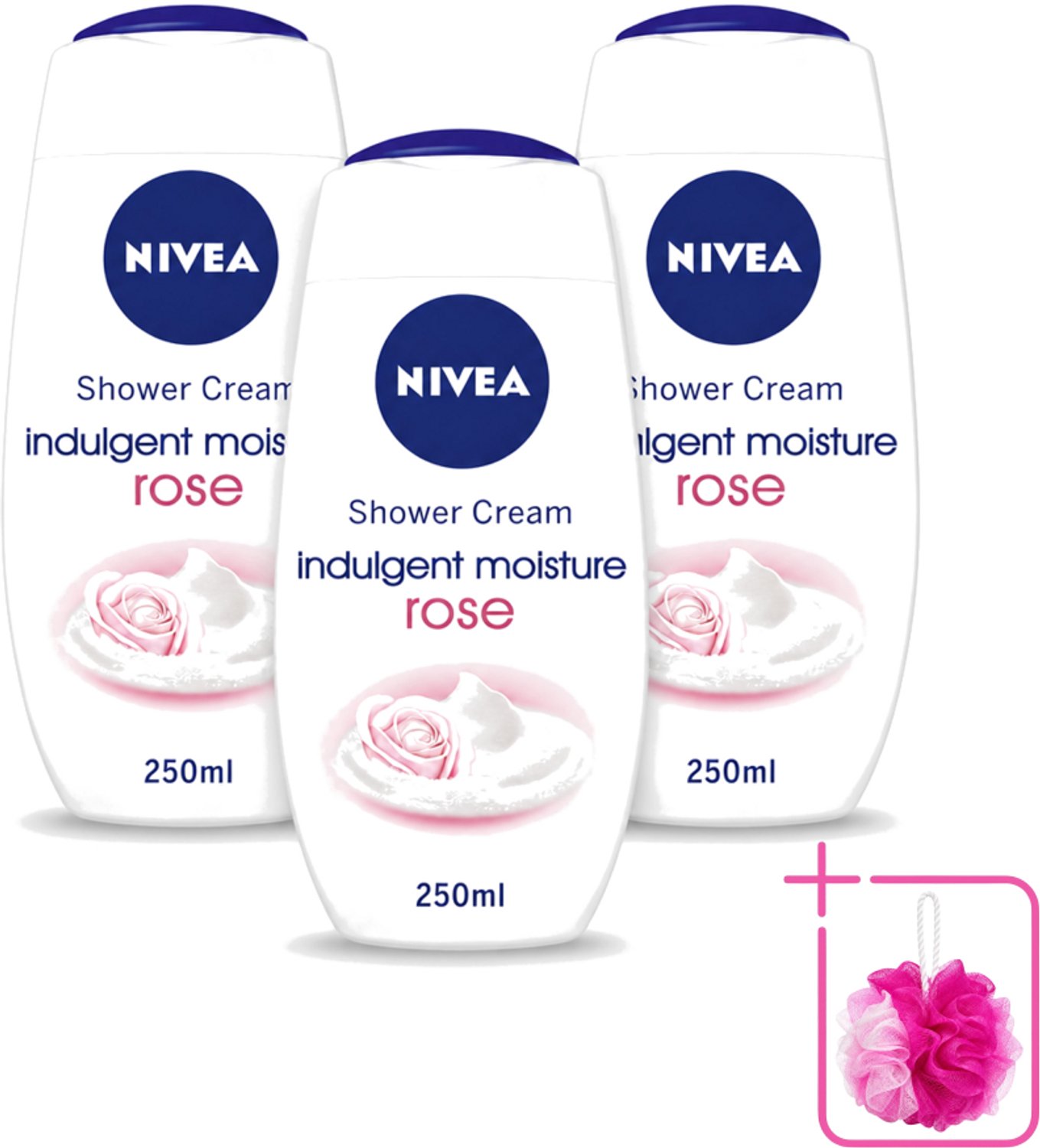 3 x Nivea - Shower Indulgent Moisture Rose Douchecrème - 250 ml - Bulkverpakking - Douchecrème - Douchemop - Hydraterende douchecrème