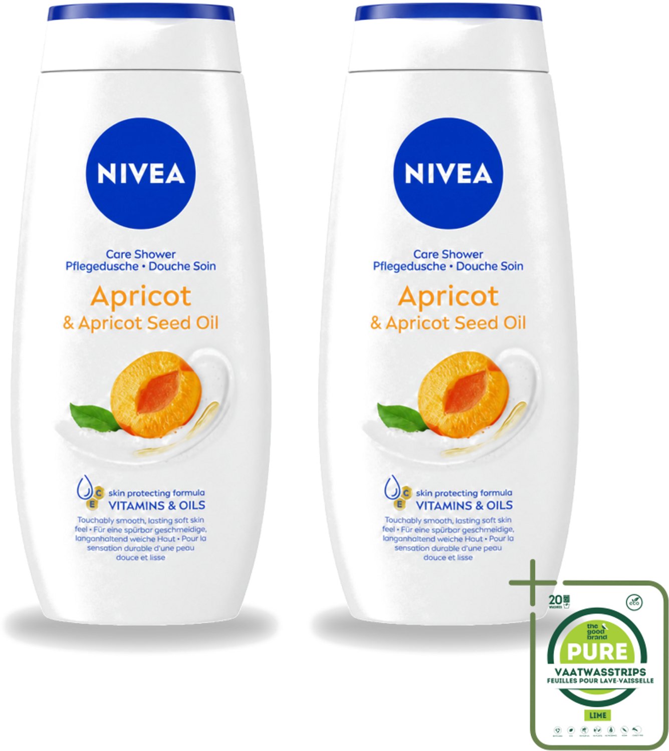 2 x Nivea - Douchegel - Soft Apricot - Huidbeschermend - 250 ml - Grootverpakking - Vaatwasstrips - Douchegel - Huidbeschermend - Abrikozenpitolie - Druivenpitolie - Vitamine C