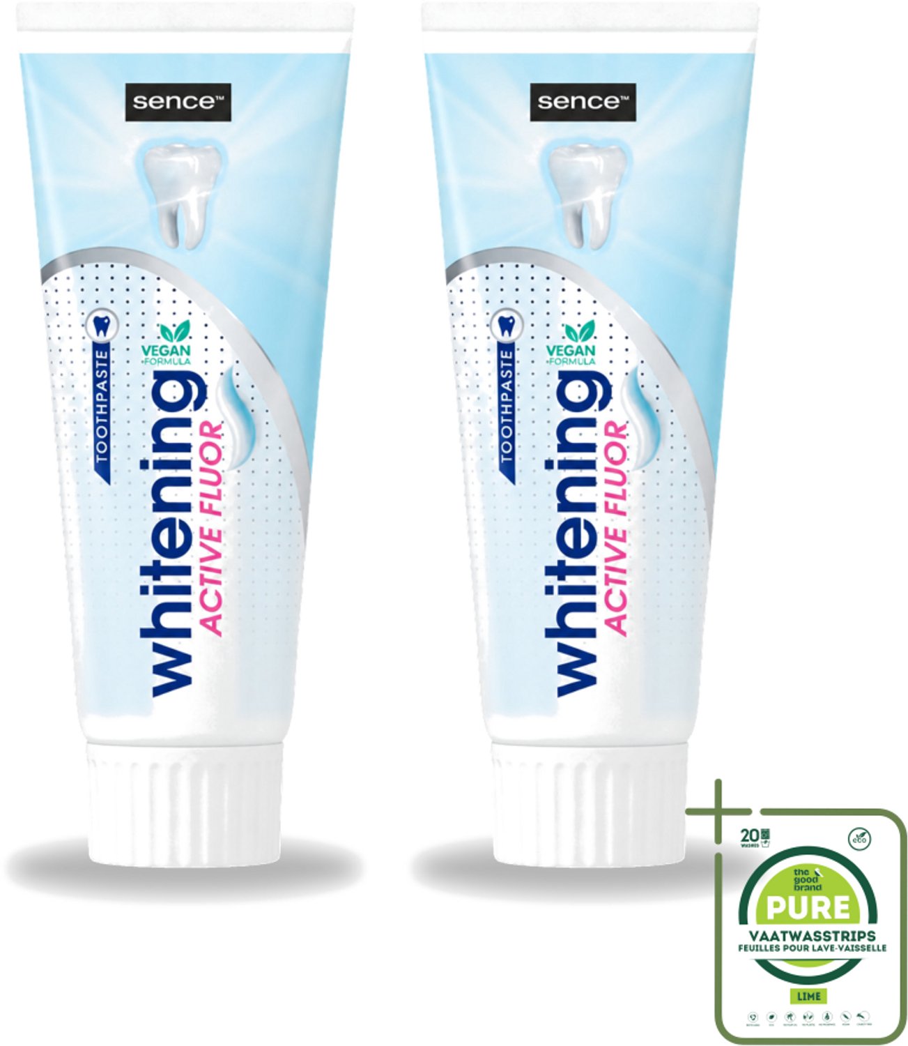 2 x Sence - Whitening - Tandpasta - Met Fluor - 75 ml - Grootverpakking - Vaatwasstrips - Witte Tanden - Tandpasta - Fluoride - Tanden Verzorgen - Mintsmaak