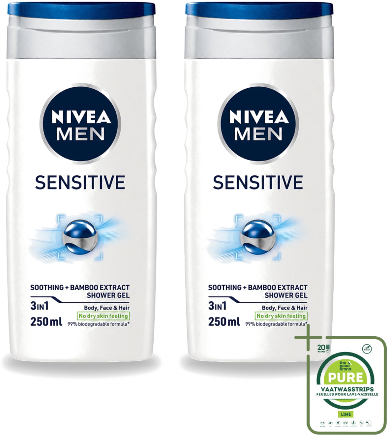 2 x Nivea - Men - Sensitive Douchegel - Hydraterend - 250 ml - Grootverpakking - Vaatwasstrips - Gevoelige Huid - Douchegel - Hydraterende Douchegel - Huidverzorging - Mannelijke Geur