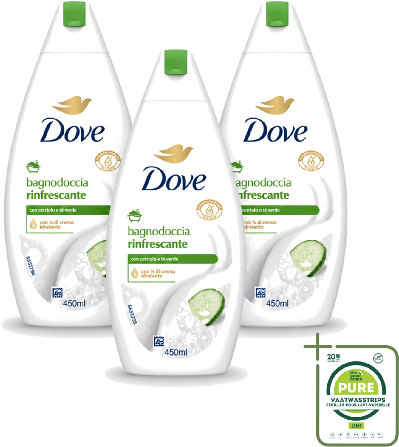 3 x Dove – Douchegel – Refreshing – 450 ml - Grootverpakking - Vaatwasstrips - Douchegel - Frisheid - Huidverzorging - Mild Reinigen - Schuim