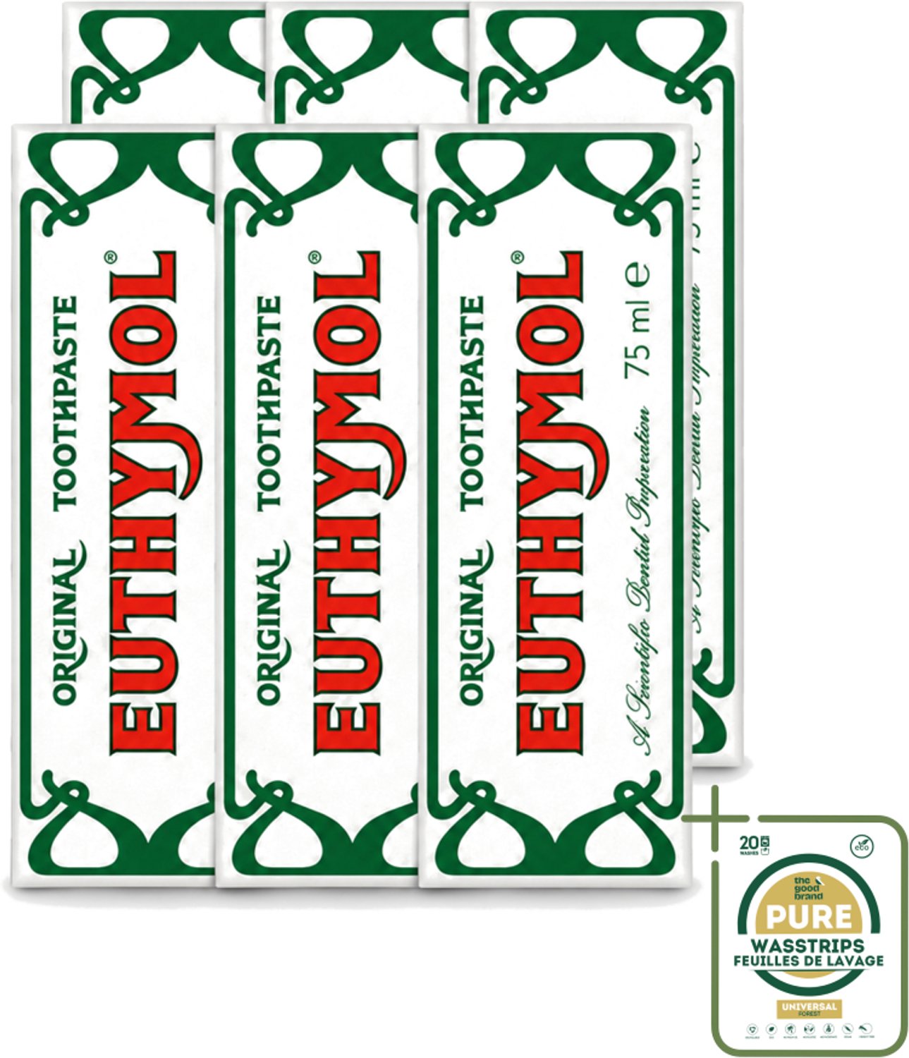 6 x Euthymol – Tandpasta – Original Dentifrice – 75 ml - Wasstrips - Tandpasta - Thymol - Fluoridevrij - Mondhygiëne - Tanden Reinigen