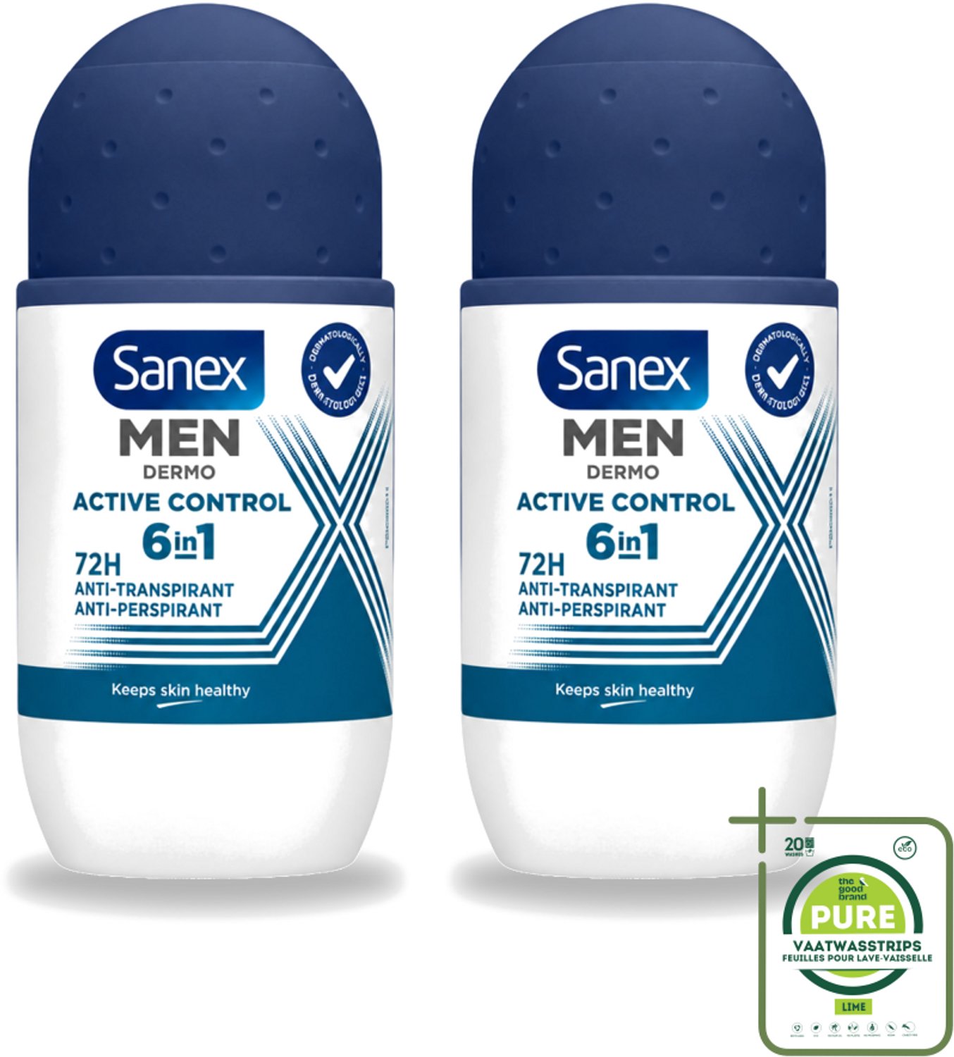 2 x Sanex Men – Deo Roll-on – Active Control – 53 ml - Grootverpakking - Vaatwasstrips - Deodorant Voor Mannen - Zweetbehandeling - Okselbescherming - Huidcomfort - Anti-irritatie