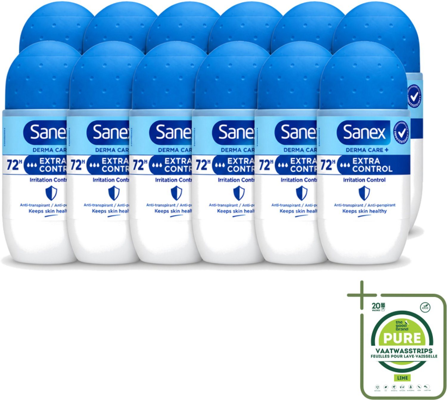 12 x Sanex – Deo Roll-on – Dermo Extra Control – 53 ml - Grootverpakking - Vaatwasstrips - Anti-transpirant - Zweetvermindering - Huidbalans - Aluminiumchloride - Droge Oksels