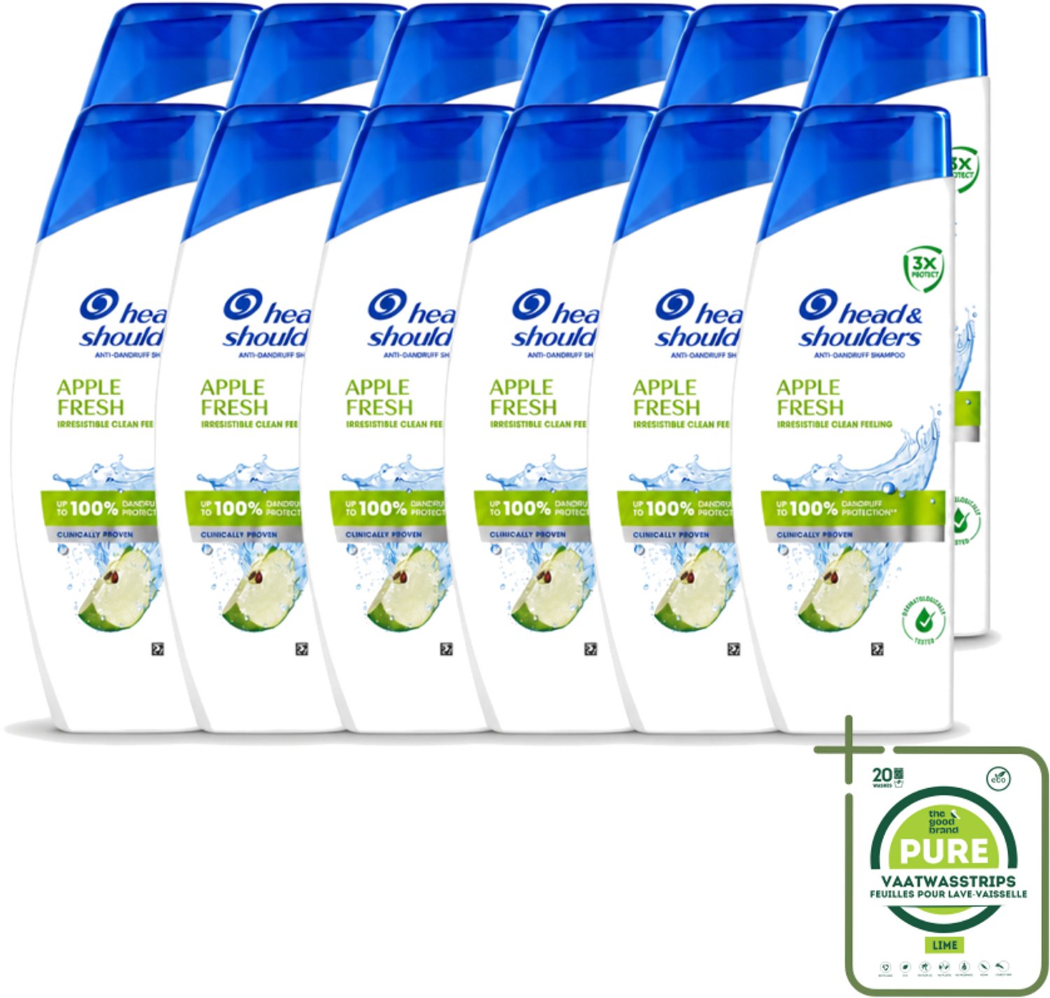 12 x Head & Shoulders - Shampoo - Apple Fresh - 250ml - Grootverpakking - Vaatwasstrips - Roosvrij Haar - Fris Haar - Appelgeur - Hoofdhuid Verzorging - Anti-roos Shampoo
