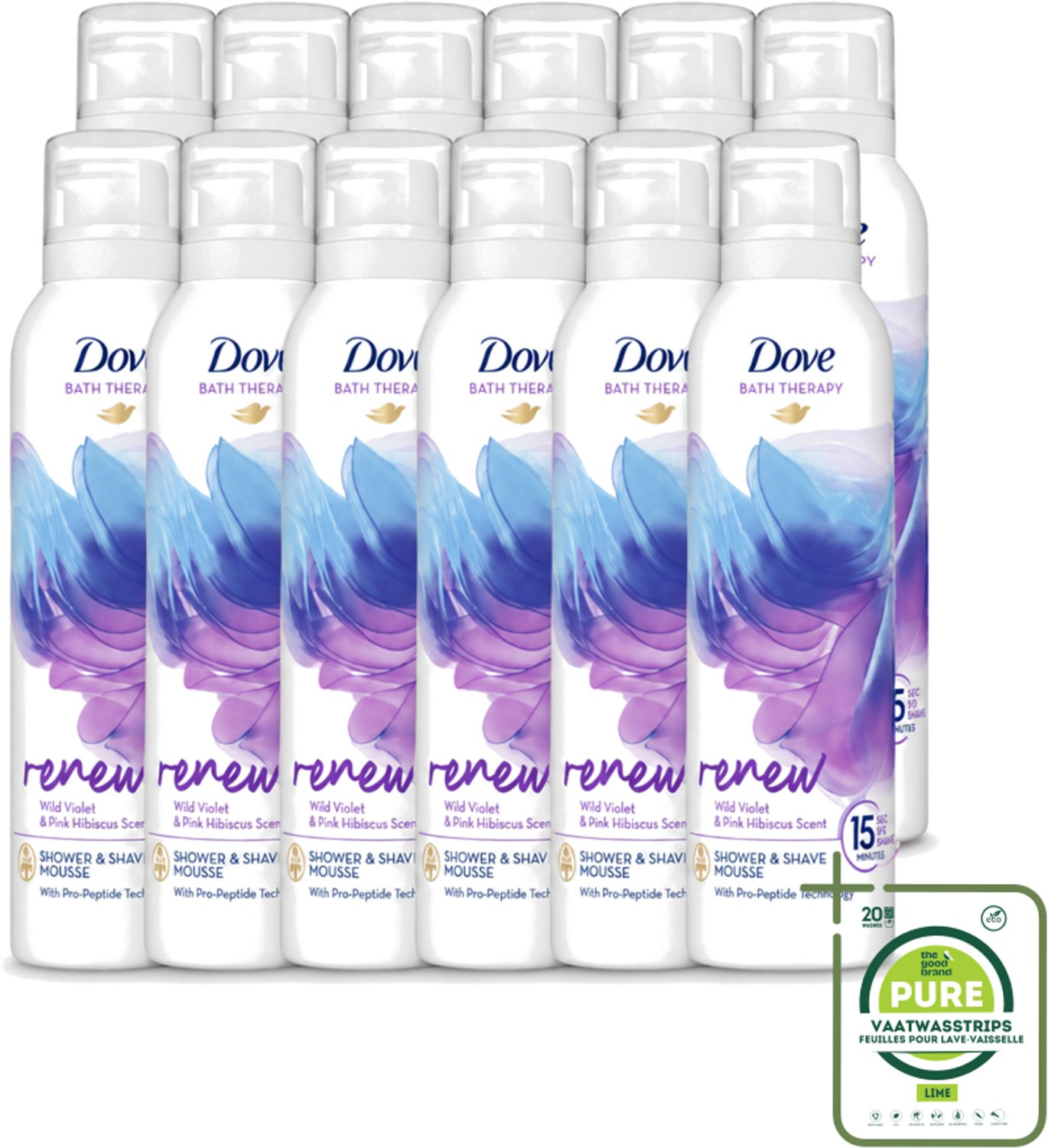 12 x Dove – Douche- & Scheerschuim – Bath Therapy Renew – 200 ml - Grootverpakking - Vaatwasstrips - Douche En Scheerschuim - Huidvernieuwing - Pro-peptide - Hydratatie - Luxe Douche