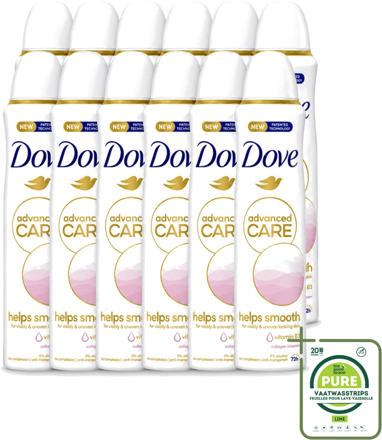 12 x Dove – Deodorant Spray – Helps Smooth Advanced Care – 150 ml - Grootverpakking - Vaatwasstrips - Deodorant Spray - Okselhuid Verzorging - Huidverzorging - Alcoholvrije Deodorant - Comfortabele Huid
