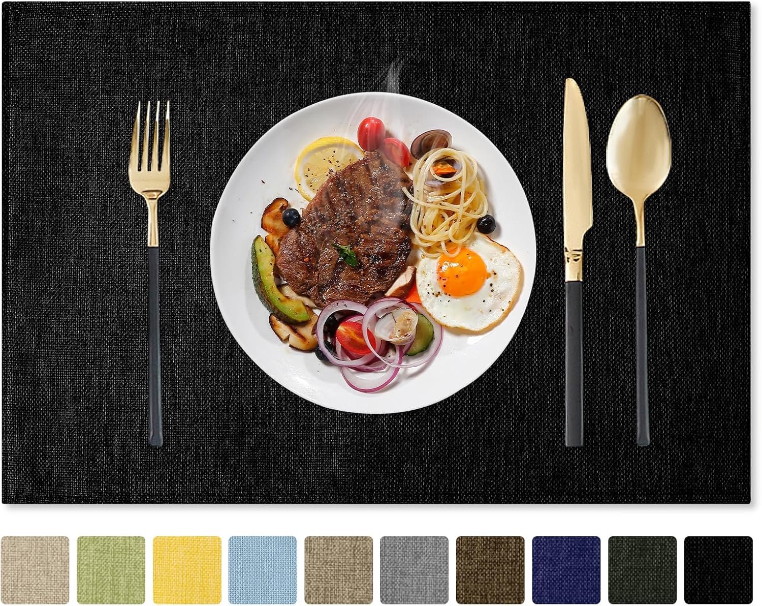 Romanstile Stoffen placemats, set van 20-30 x 45 cm, hittebestendige dubbellaagse verdikte jute placemats, wasbare faux linnen boerderij tafelmatten voor keuken/diner/feest/buiten, zwart