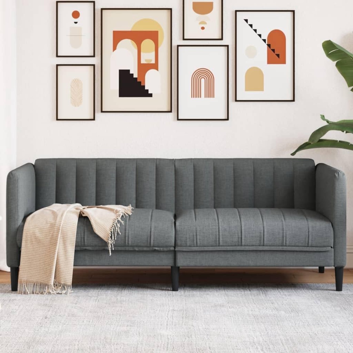 2-zitsbank donkergrijs stof sofa fauteuil met duurzame overtrek en stabiele steunpoten voor een comfortabel zitgevoel in de woonkamer