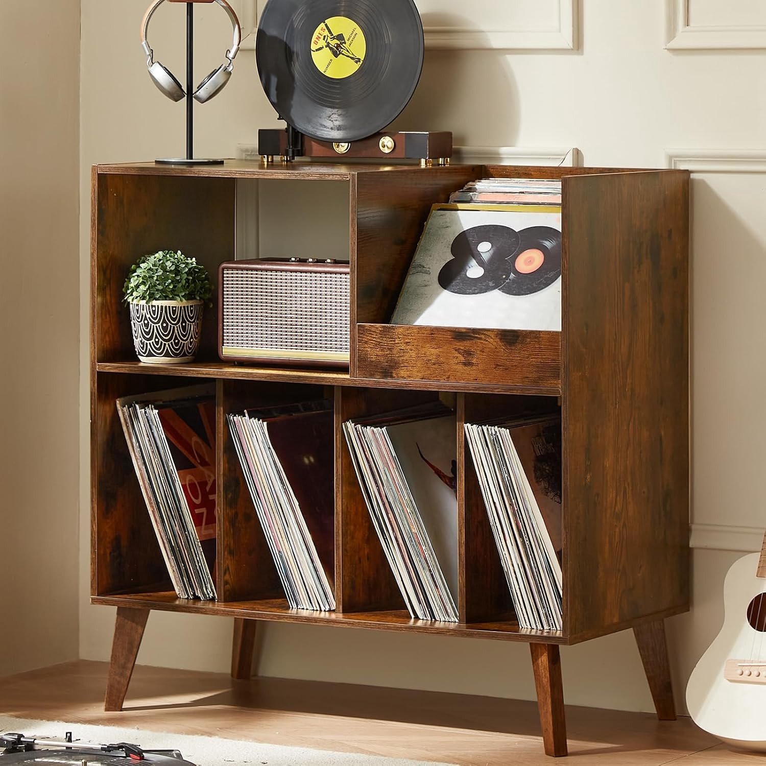 Platenstandaard met Opbergcapaciteit - Bruin - 80 x 40 x 82,5 cm - Massief Hout met Open Tentoonstellingsvlak - Voor Vinylplaatliefhebbers
