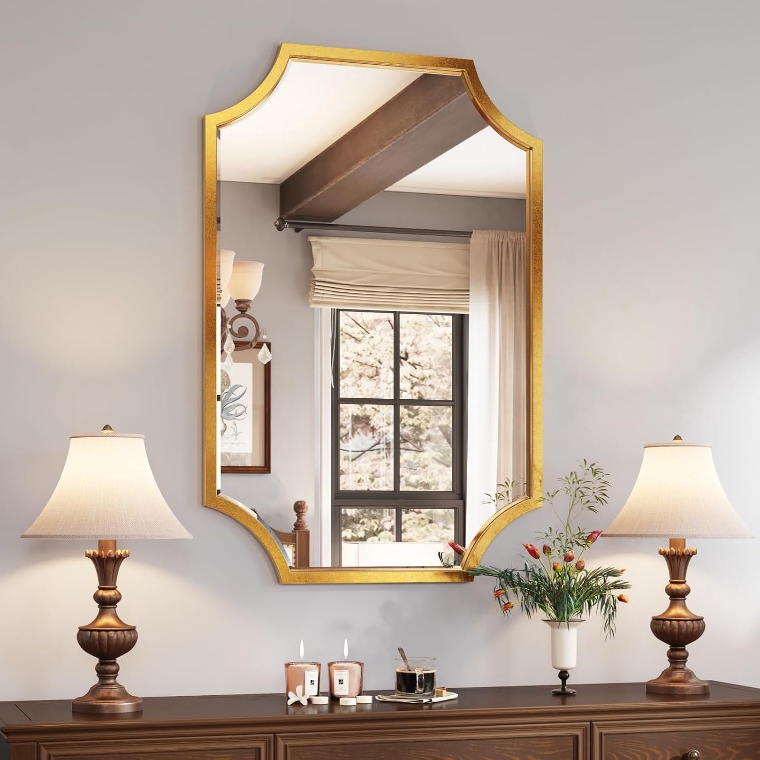 Grote decoratieve spiegel voor muur - metalen ingelijste wandspiegel met schuine rand, geweldig voor woonkamer, slaapkamer en badkamer (antiek goud, 24 x 36 inch)