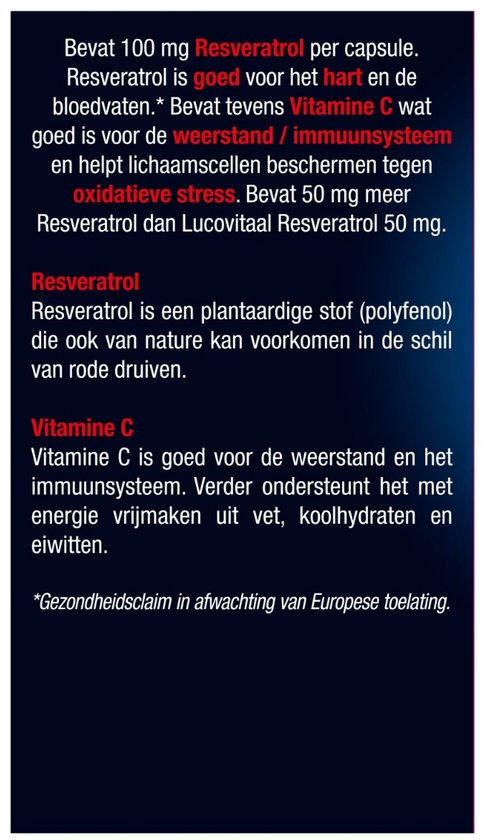 Productinformatie Lucovitaal Super Resveratrol 100 mg capsules.