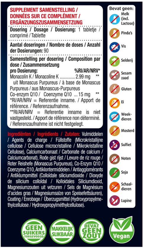 Ingrediëntenlijst met pictogrammen voor allergenen, waaronder melk, pinda's, vis, selderij, sesamzaad, ei, weekdieren, mosterd, sulfiet, soja, schaaldieren en lupine.