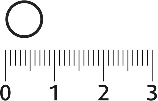 Een zwart rond object naast een liniaal van 0 tot 3.