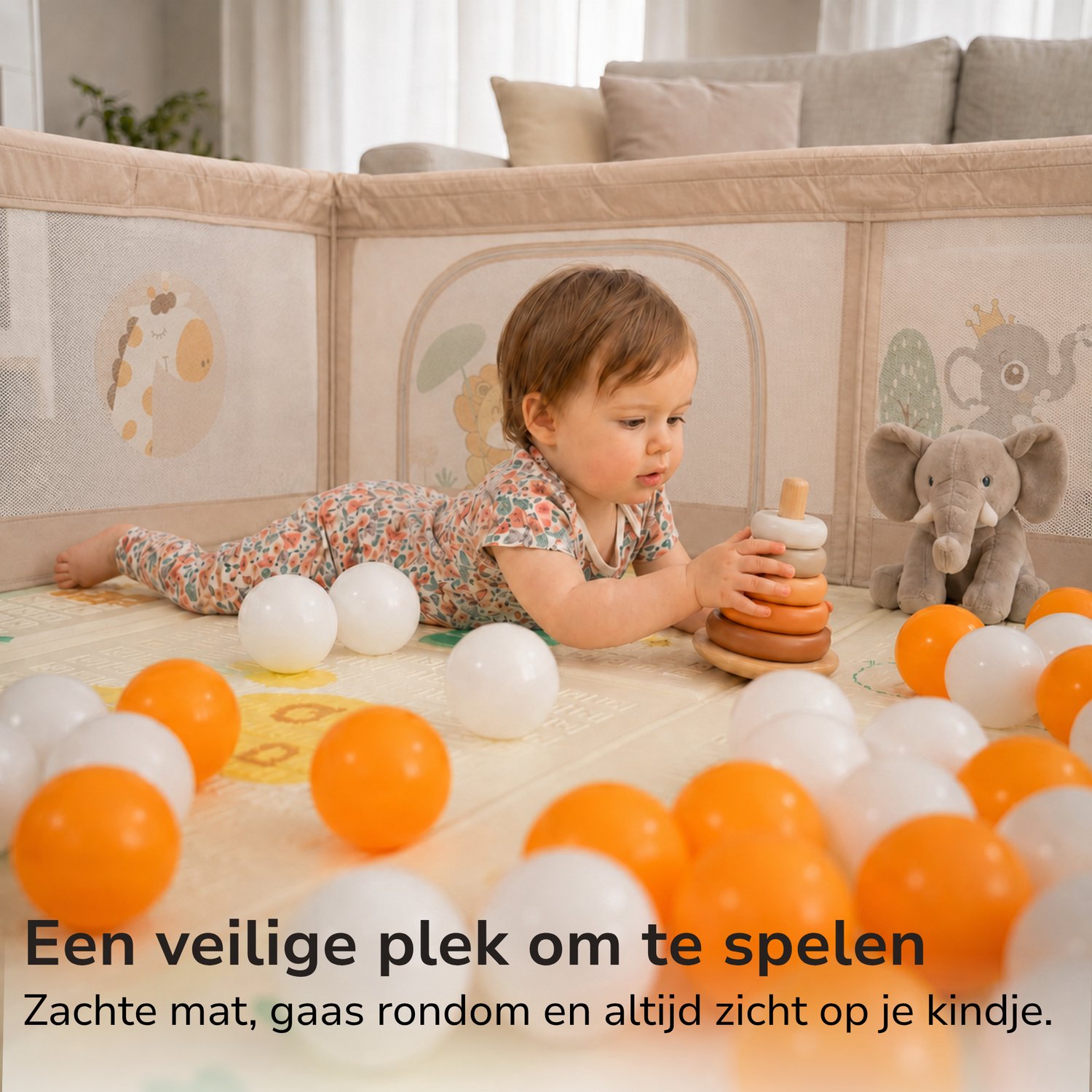 TinyPlay Grondbox baby - zeer snel inklapbaar - 120x120x65 cm - met Speelmat & Speelballen - Opvouwbare box - Kinderbox - Speelbox - Playpen - Ballenbak - Kruipbox - Beige – foto 7