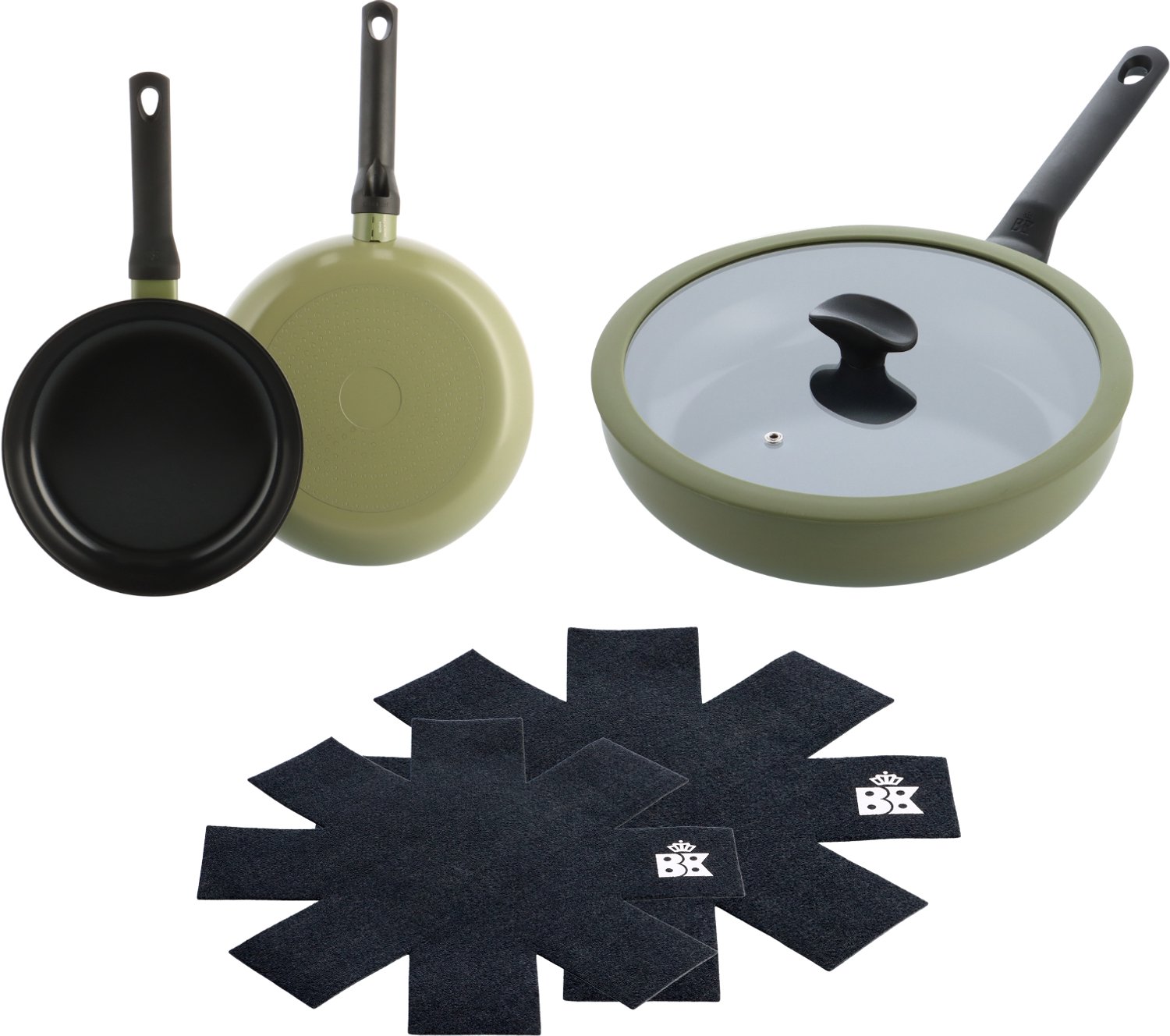 BK Enjoy Pannenset 3-delig - Koekenpan 24/28cm - Hapjespan met deksel 28cm/3.4L - PFAS-vrije antikleeflaag - Pannenset inductie - Keramische pan - Ovenbestendig tot 160°C - Koudgrepen - Met Pan protectors - Olijfgroen