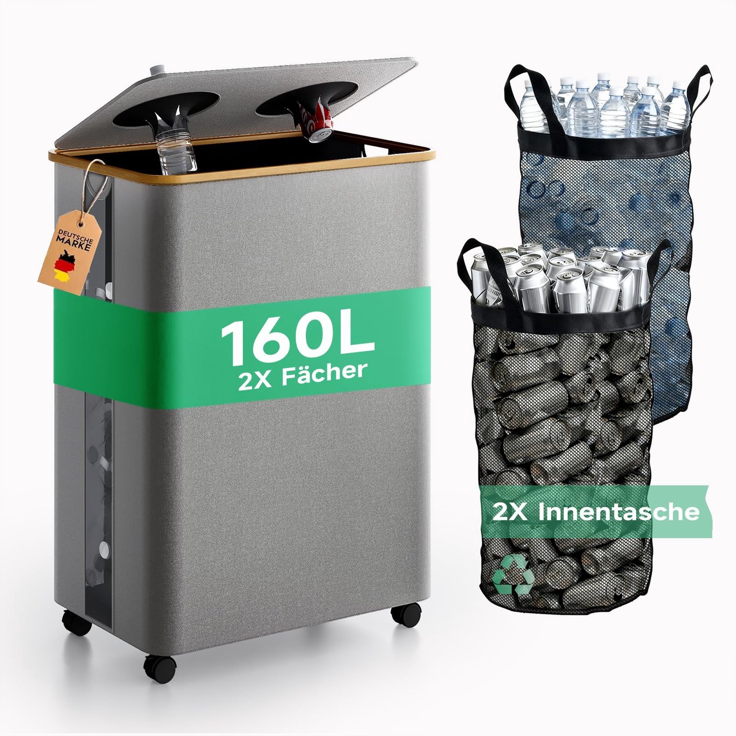 Recycleerbakken 160L met 2 vakken - Grote vuilnisbak met deksel - Ideaal voor gescheiden afval - ShopVlot