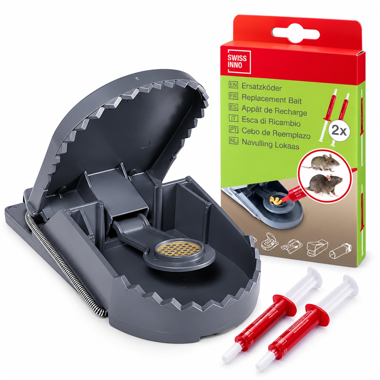 Extra zware rattenval - herbruikbaar - gifvrij - + 2x3 gr éxtra lokstof navulling - complete set