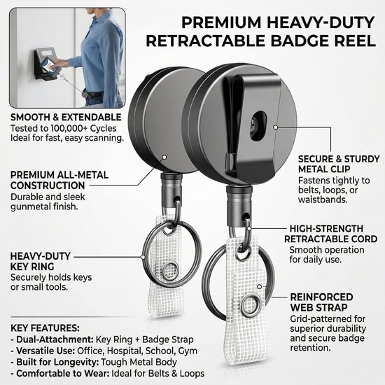 Duurzame metalen retractable badge reel voor ID-kaarthouder, sleutelhanger met roestvrijstalen veer en 70 cm nylon koord met stevige clip — afbeelding 4