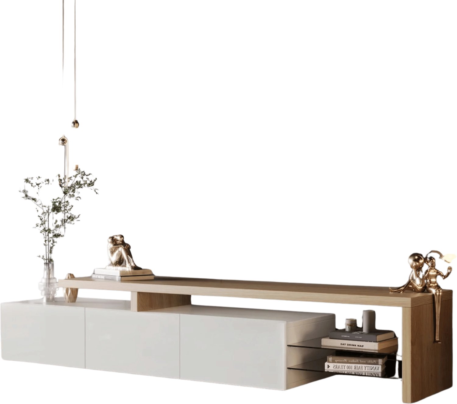 Homezo tv meubel - Dressoir - Woonkamer - Zwart met houtlook - Modern - Glazen planken - Gesloten opbergruimte - 200x39x42 cm