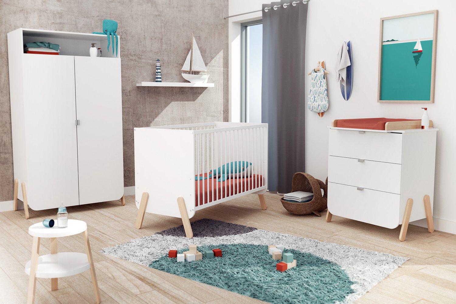 WEBABY - Kinderslaapkamerbed + ladekast met 3 lades en houten PIRATE kledingkast