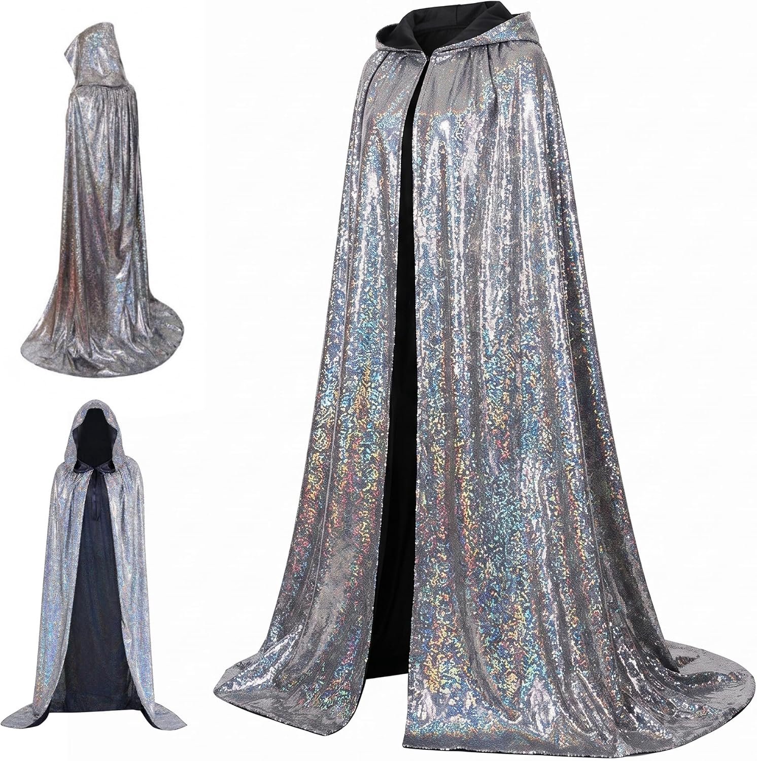 regenboog cape|Hooded Mantel Met Verstelbaar Trekkoord, Volledige Lengte Zilveren Cape Voor Cosplay & Halloween, 59 Inch, Zilver