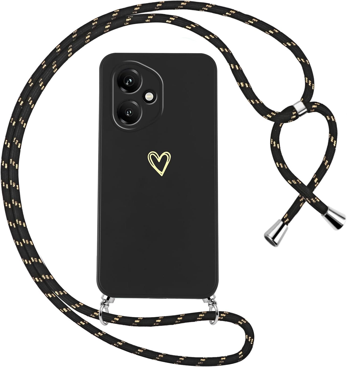 Beschermhoes voor Honor 400 5G met trekkoord, zachte siliconen hoes met hartpatroon en draagbaar, verstelbaar koord, schokbestendig, valbestendig, schouderriem, zwart