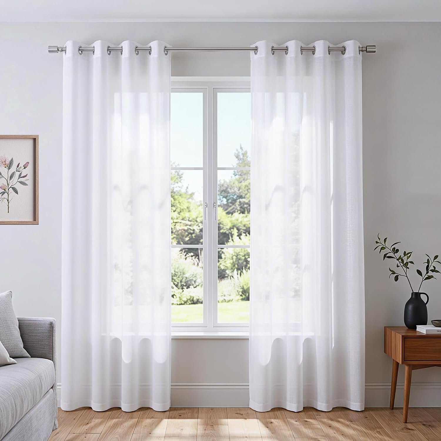 Witte doorschijnende gordijnen 213 cm lange set 2 panelen doorvoertule paar faux linnen semi-transparante gordijnen tule gaas voile venster heldere transparante gordijnen voor slaapkamer woonkamer