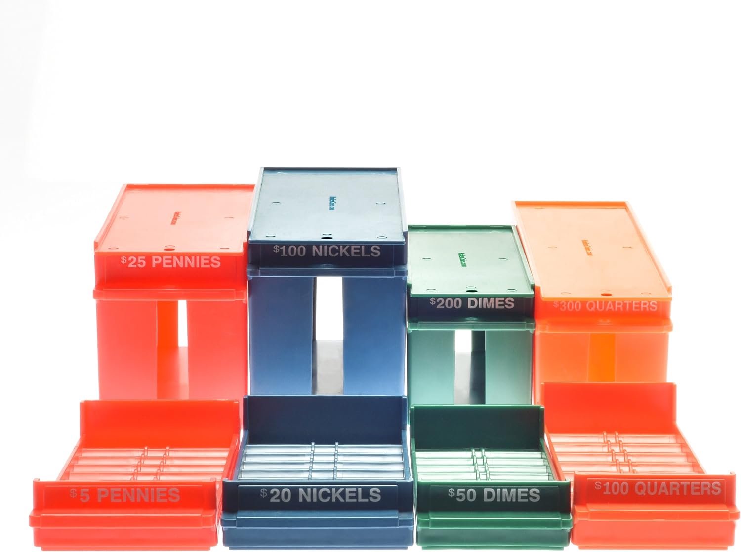 Nadex Opbergdoos en dienblad voor opgerolde munten, 8-delige set, 4 afsluitbare opbergdozen met hoge capaciteit en 4 rollende muntbakken