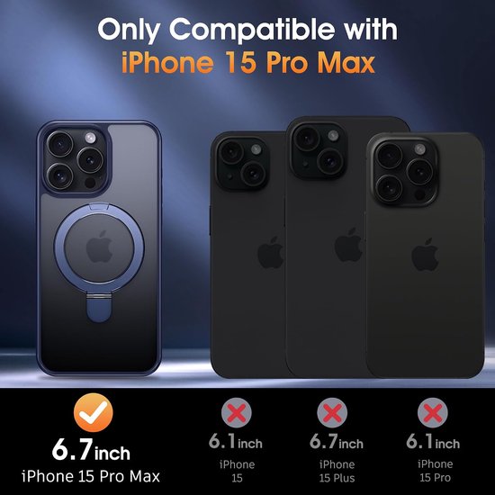 Supdeal Magnetische StandaardHoes voor iPhone met Onzichtbare Ringstandaard [Compatibel met MagSafe] [Militaire Valbescherming] Translucent Matte Telefoonhoes voor iPhone 15 Pro Max 6,7 '', Blauw — afbeelding 5
