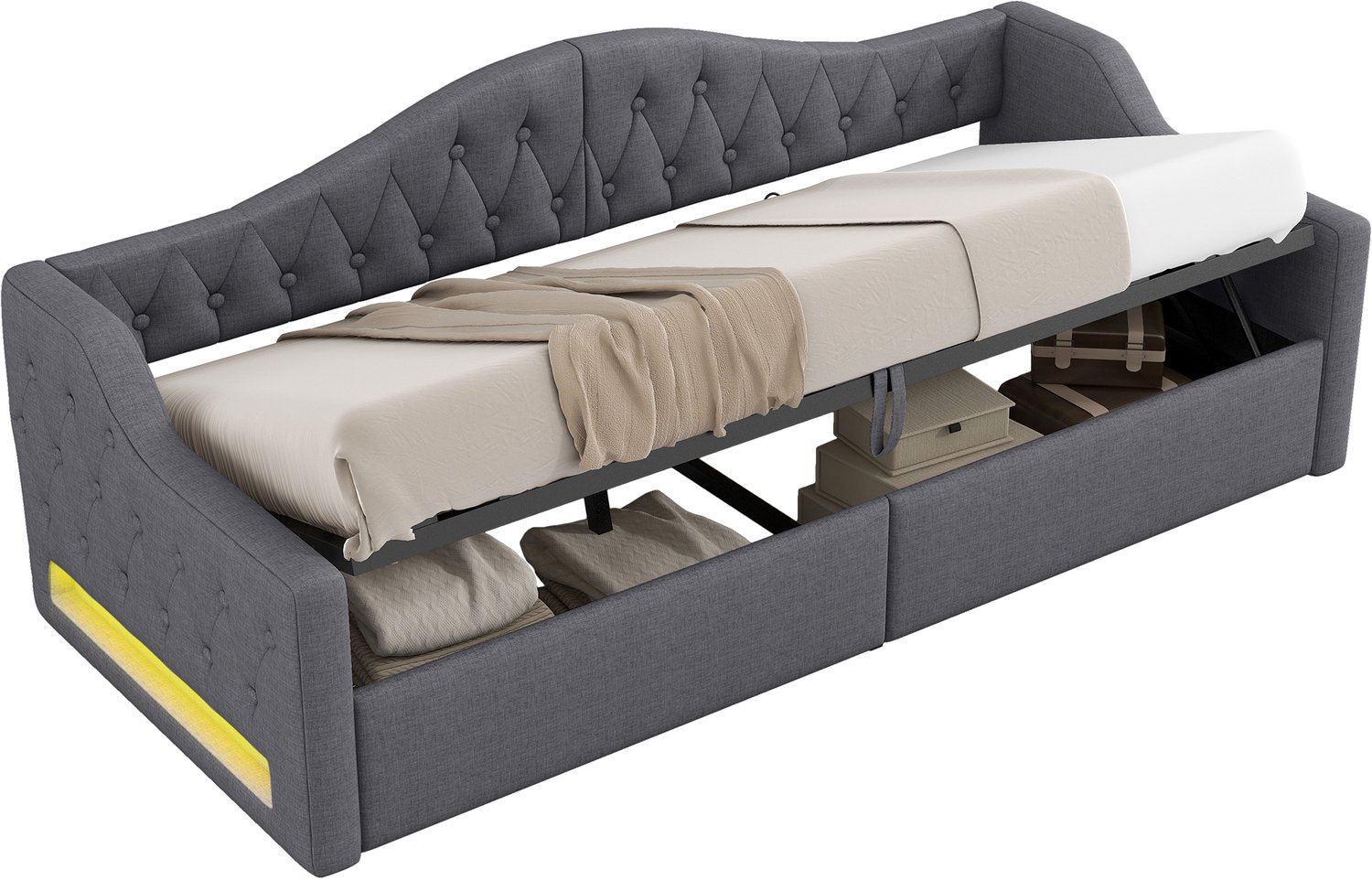 MUVANO Gestoffeerd dagbed 90x200 - ledverlichting in 7 kleuren - opbergruimte - gevoerde linnen rugleuning - MDF en multiplex - slaapkamer of logeerkamer Grijs