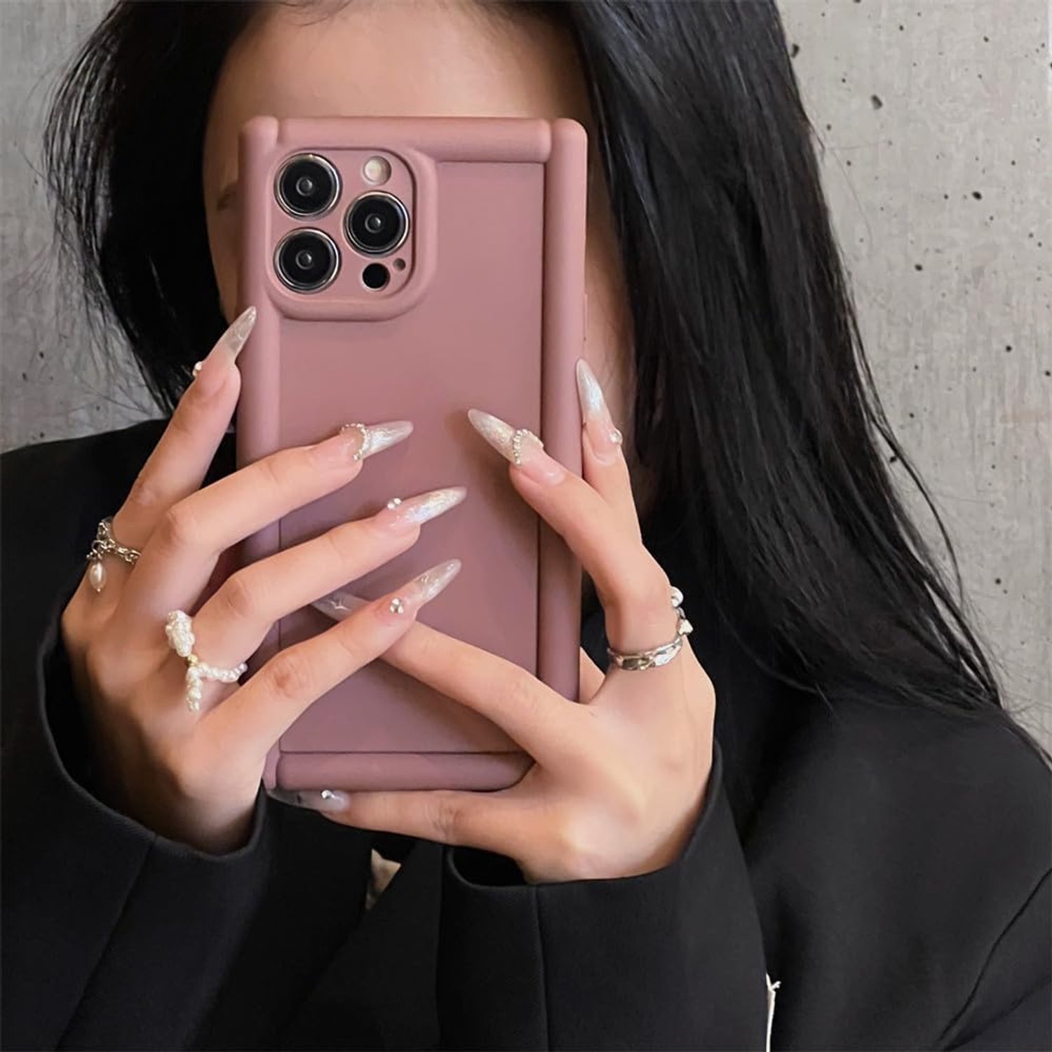 Luxe vierkante houder standaard effen kleur huidgevoel telefoonhoesje voor iPhone 11 12 13 14 15 Pro Max acryl schokbestendige bumperhoes, donkerroze, voor iPhone 11