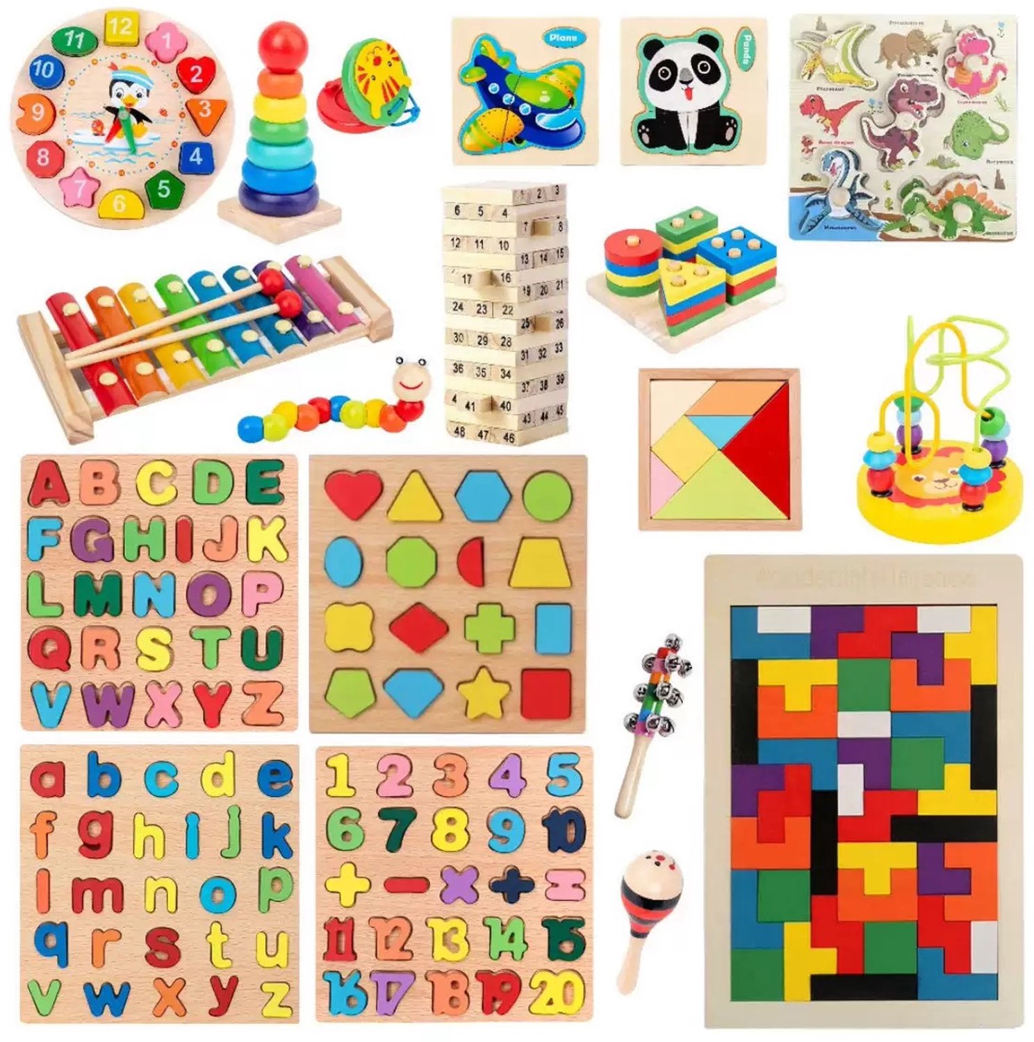 Flero Montessori Set 19 Delen van Hout - Uitgebreide Set Educatief Houten Speelgoed voor Fijne Motoriek en Sorteren - Zelfcorrigerend Leerspeelgoed voor Peuters en Kleuters - Montessori Materiaal, Cadeau