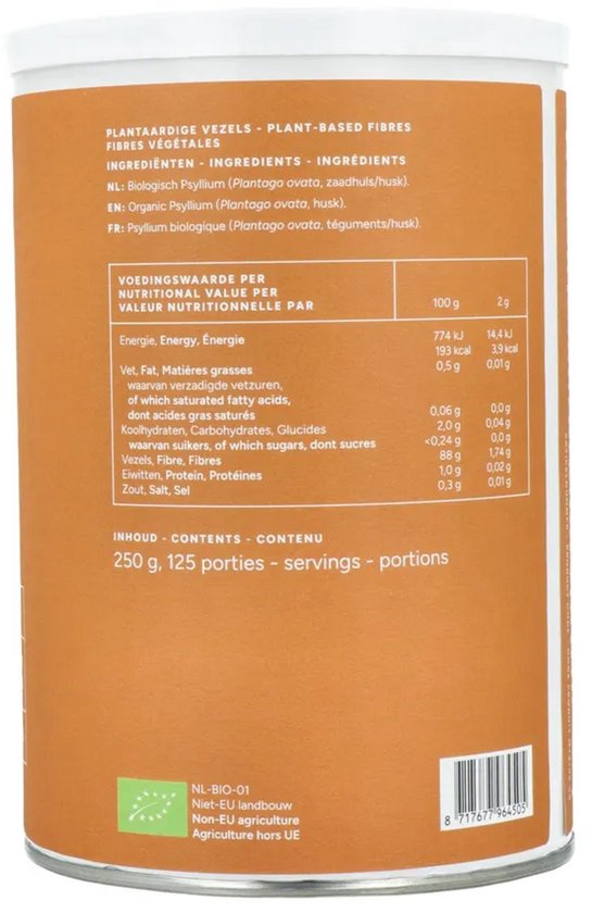 Container met voedingswaarde-informatie voor biologisch psyllium vezels. Oranje met witte tekst.