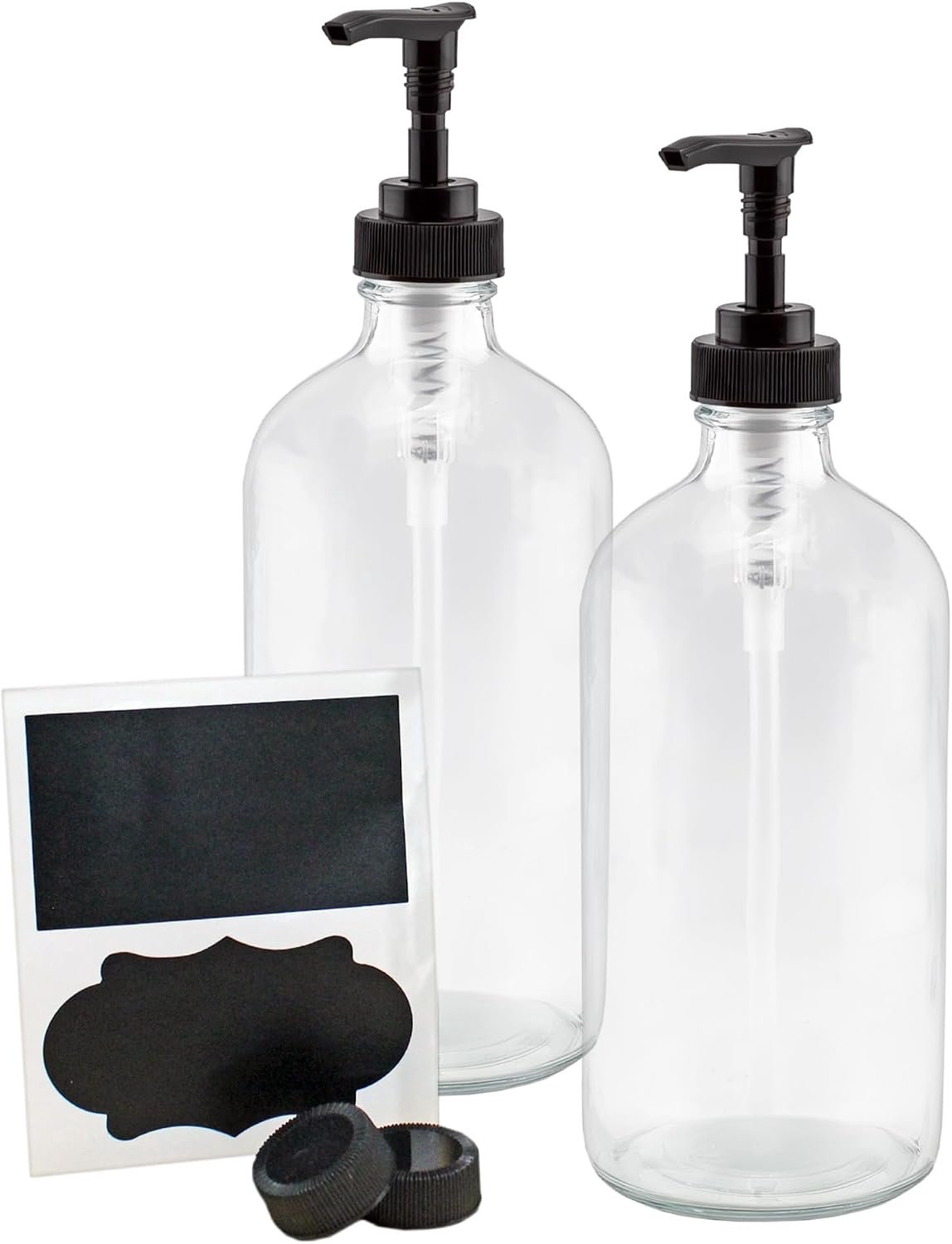 Cornucopia Brands 16oz heldere glazen pompflessen (2-pack); navulbare zeepdispenser zwarte lotionpomp transparante Boston ronde flessen + krijtetiketten en deksels