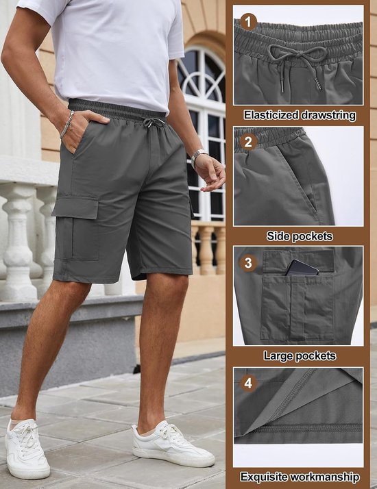 Voqeen Korte broek heren cargo shorts casual katoen trekkoord cargobroek zomer vrijetijdsbroek elastische taille stretch shorts met zakken — afbeelding 3