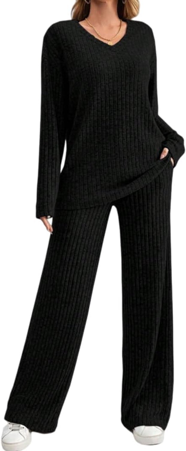 Damespyjama, winter, lang, comfortabel, 2-delig, broek met brede pijpen, elegant, sportief, casual, pyjama's voor dames, winterset voor yoga, joggen, training, sportkleding