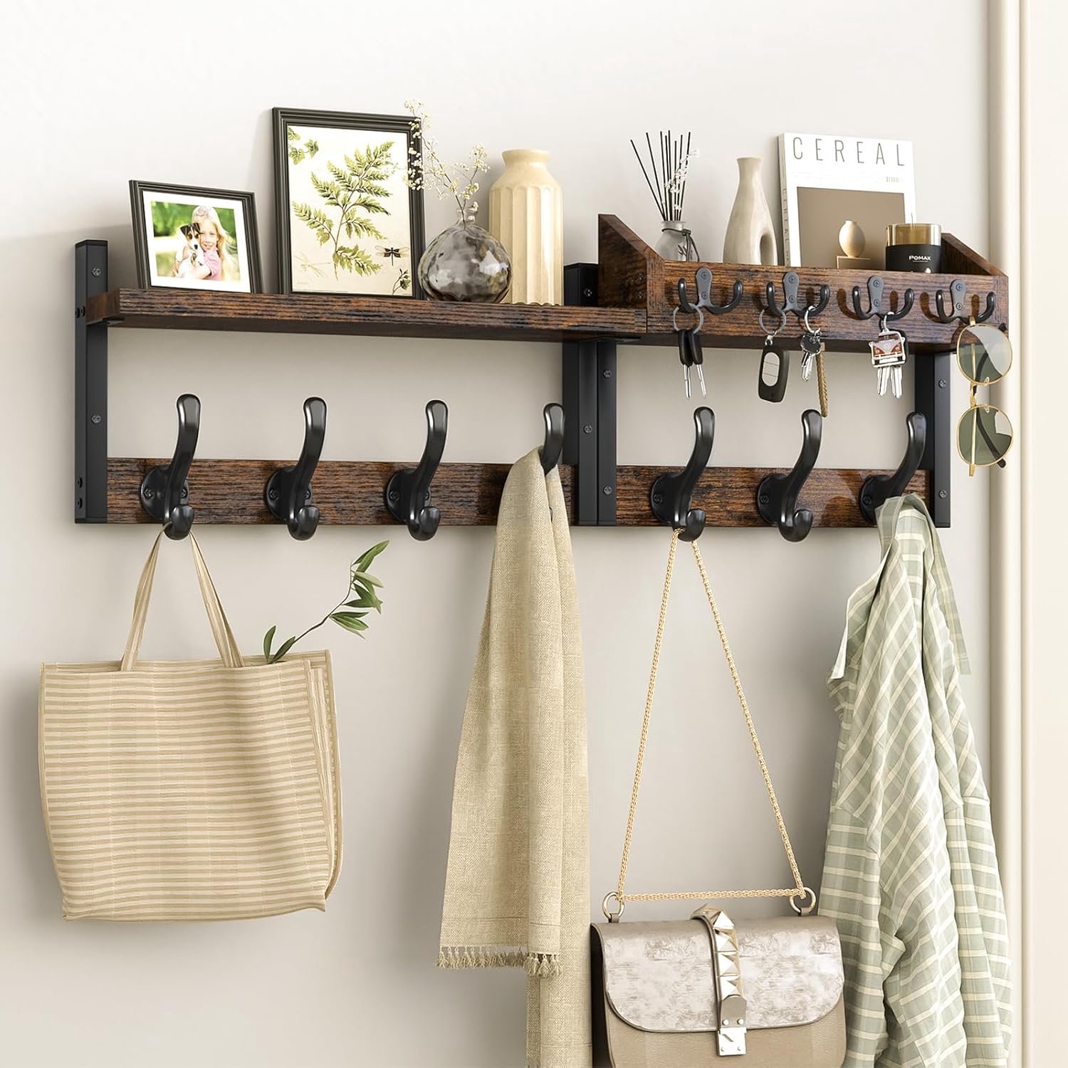 Evermagin 29 inch kapstok wandhouder met plank, 4-in-1 jas en sleutelhanger met 11 metalen haken, entree wandgemonteerde plank met brievenhouder voor woonkamer, slaapkamer, rustiek bruin