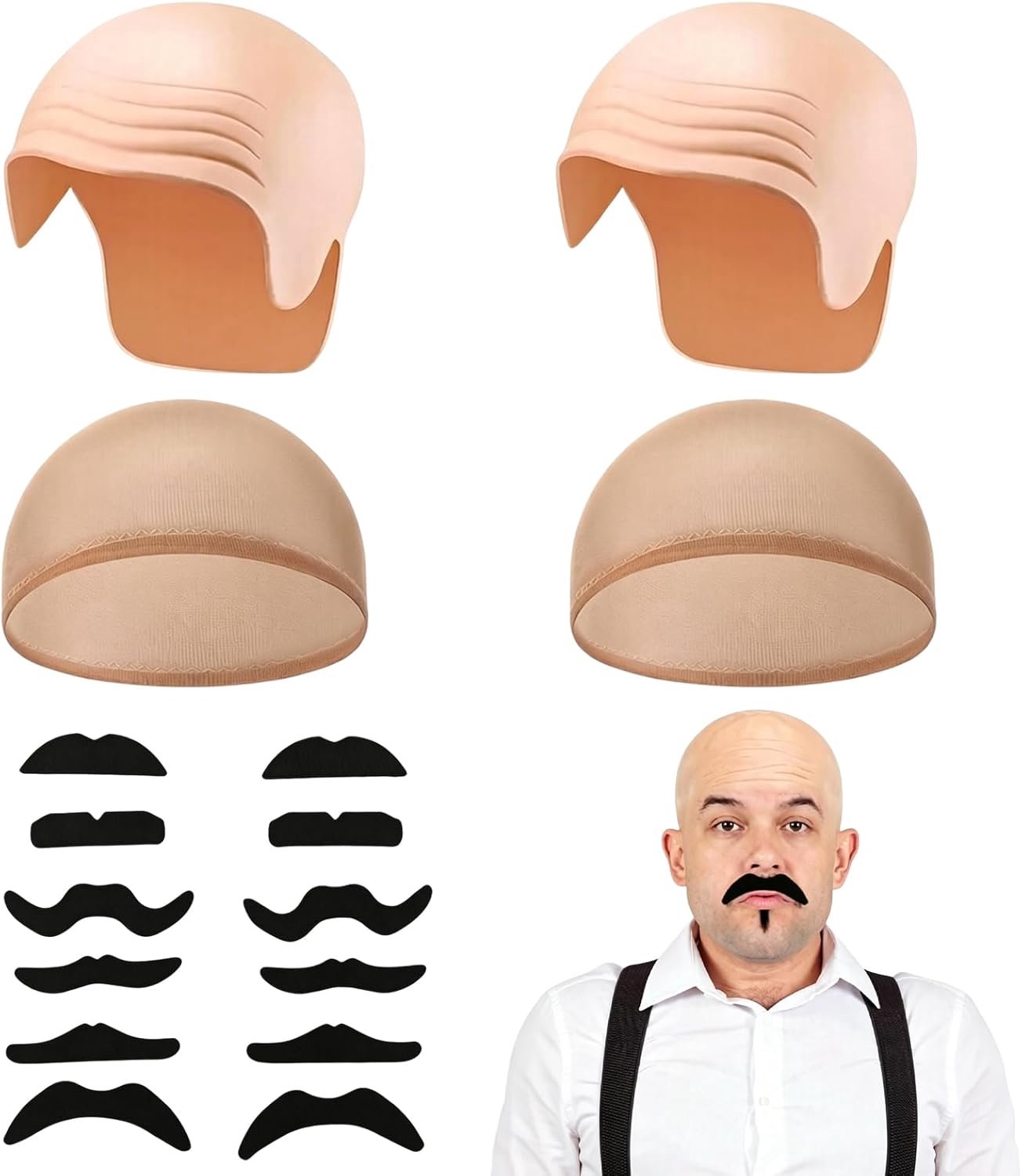 Set van 2 baldkapjes met 2 haarnetjes, 2 zonnebrillen en 12 baarden