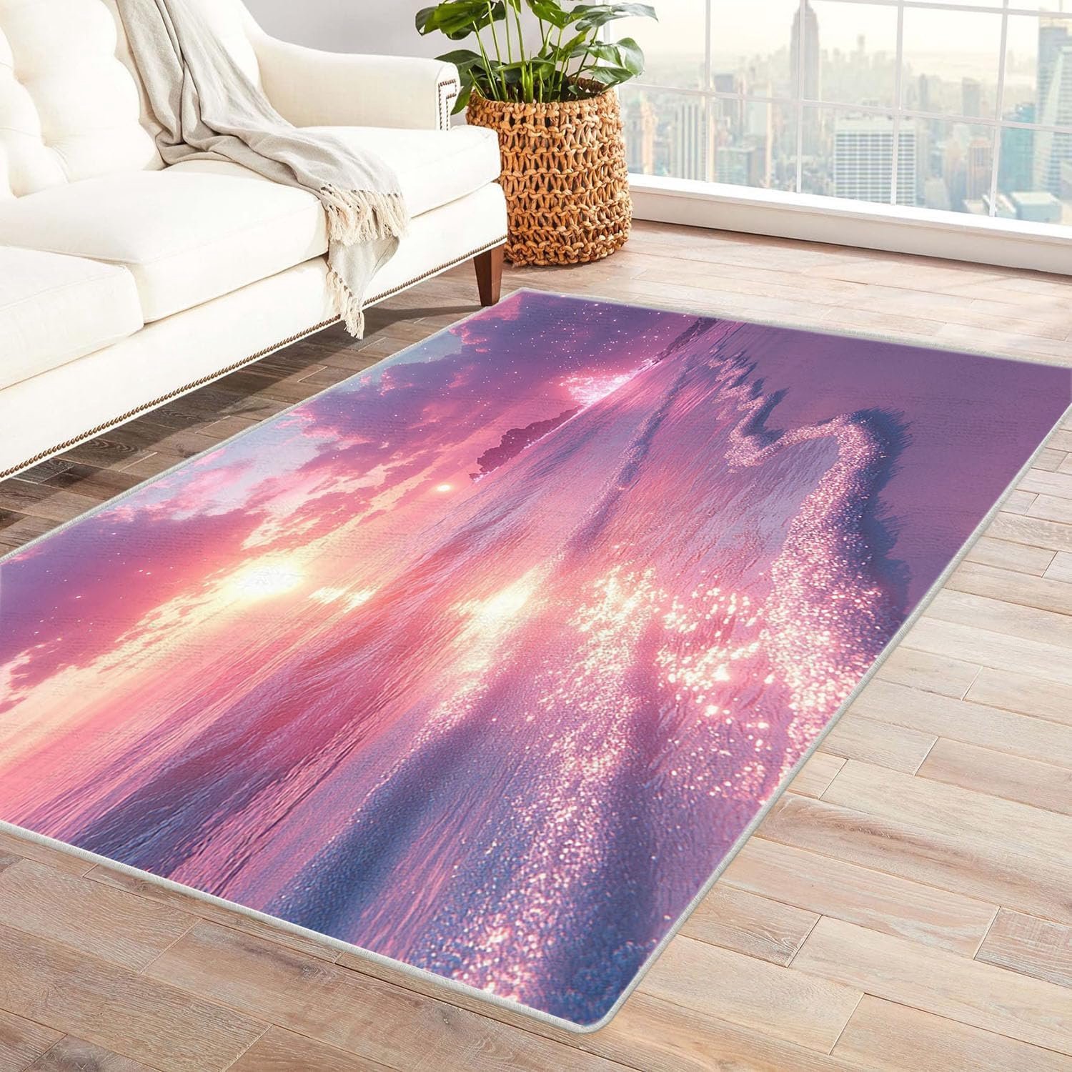 Modern oceaantapijt, nautisch paars strand zonsondergang tapijt voor slaapkamer woonkamer, zacht pluche pluizig nachtkastje tapijt, strandtapijt kusttapijten strand (roze 60) - 240 x 300 cm