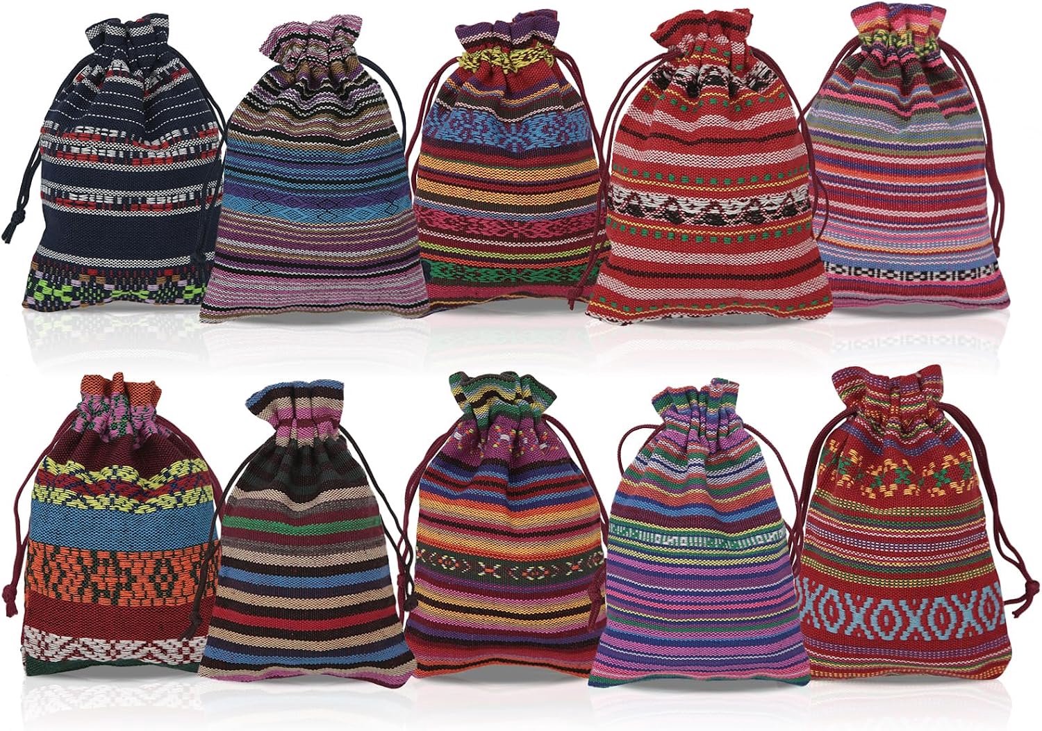 10 Mexicaanse katoenen zakjes met trekkoord, 10 x 14 cm, etnische stijl, kleine zakjes met dunne strepen, feestgeschenkzakjes voor feestgeschenken, sieraden, kristallen, geschenkverpakking