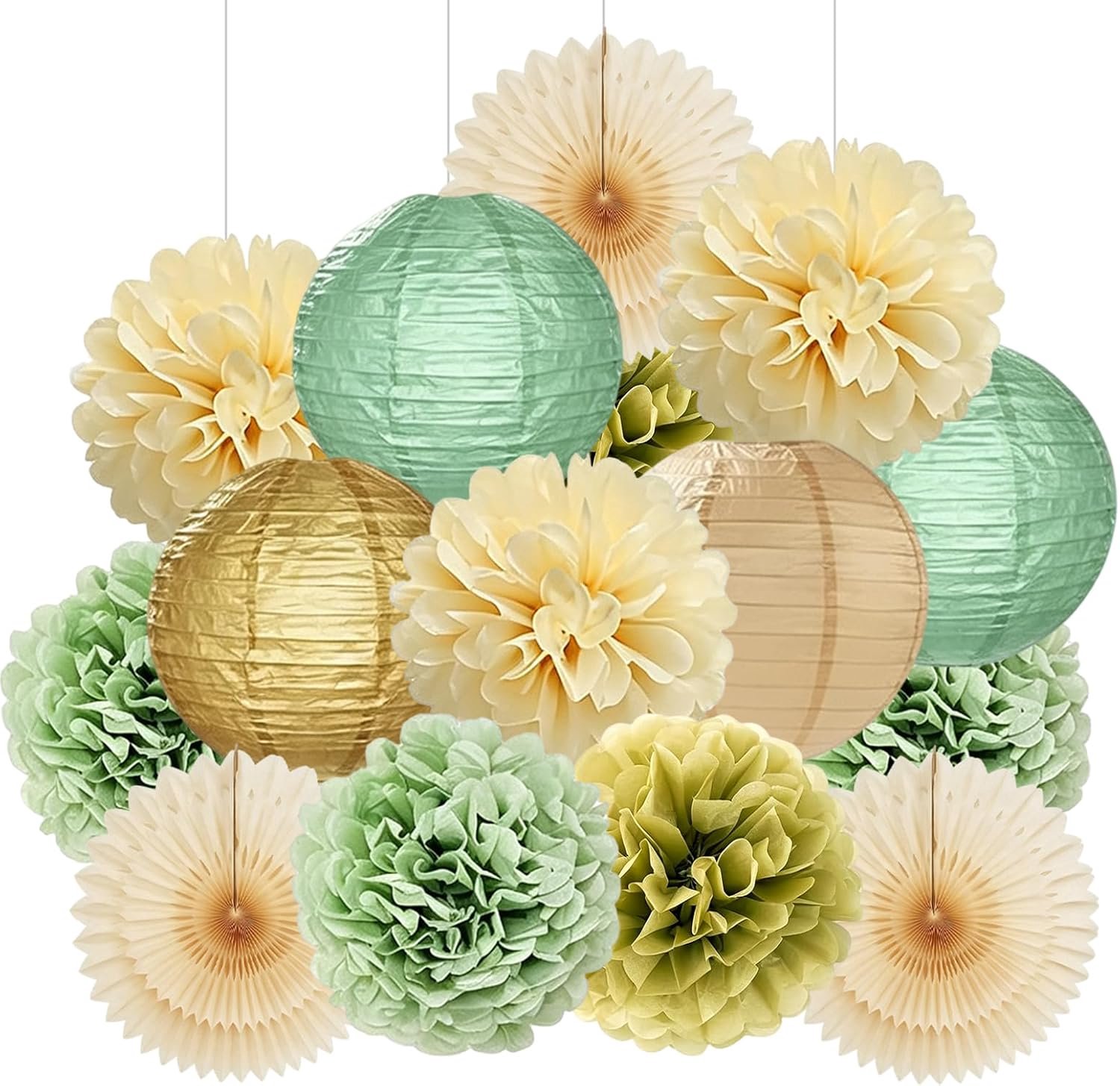 Feest Decoratie Set 15-delig: 4 Papieren Lampionnen, 8 Pompoms, 3 Waaiers