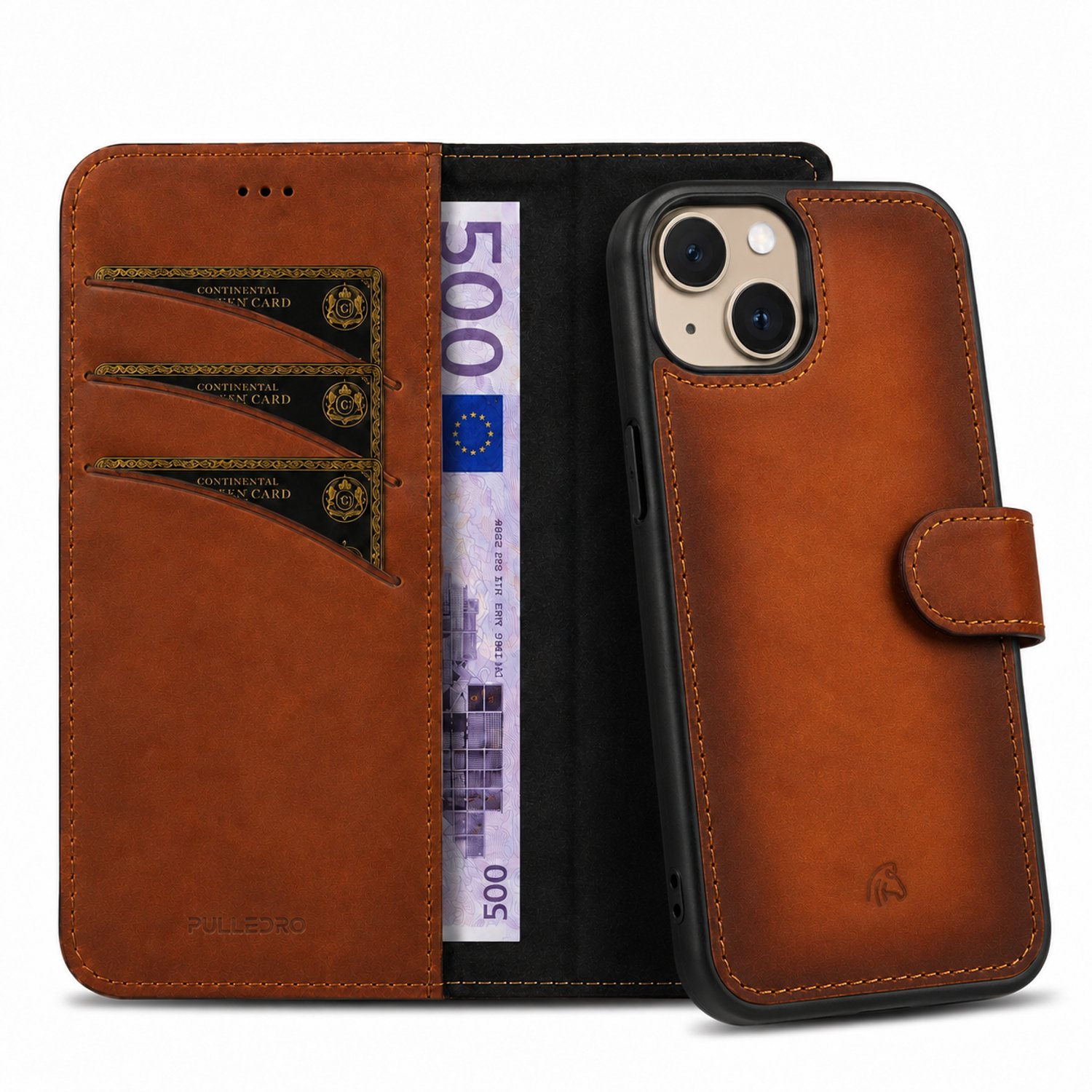 Pulledro iPhone 13 compatibel leder uitneembare BookCase hoesje - Burned Cognac