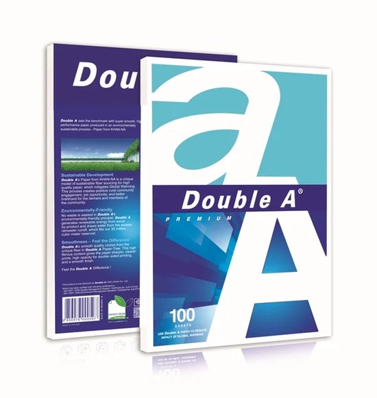 Verpakking van Double A Premium A4 printpapier, 100 vellen. Blauw, wit en paars design met grote witte letter 'A'.